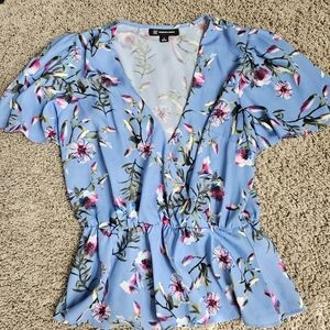 INC Blue Short Sleeve Floral Blouse